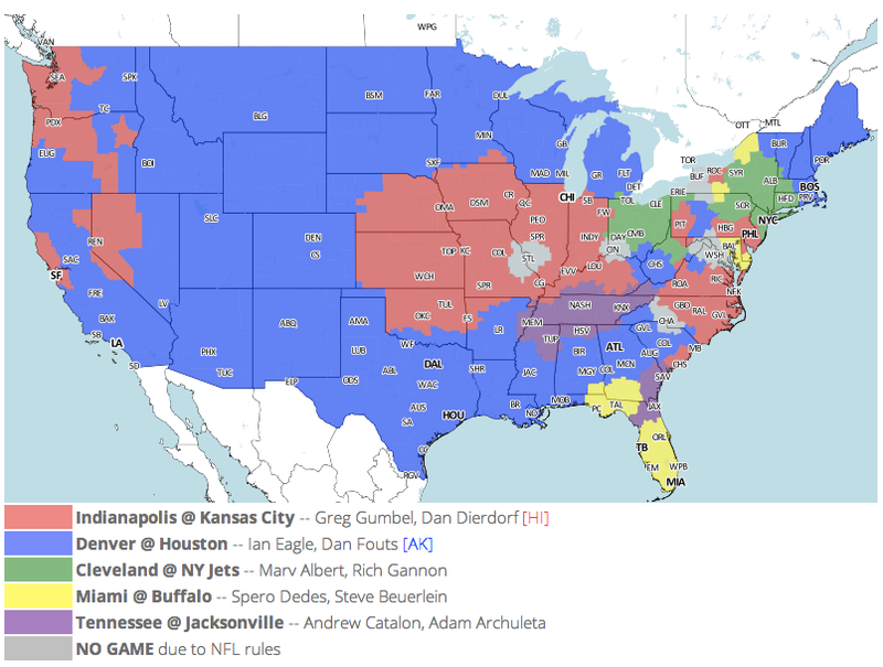 Illustration for article titled Which TV Market's Getting Screwed Today? Your Week 16 NFL Viewing Maps